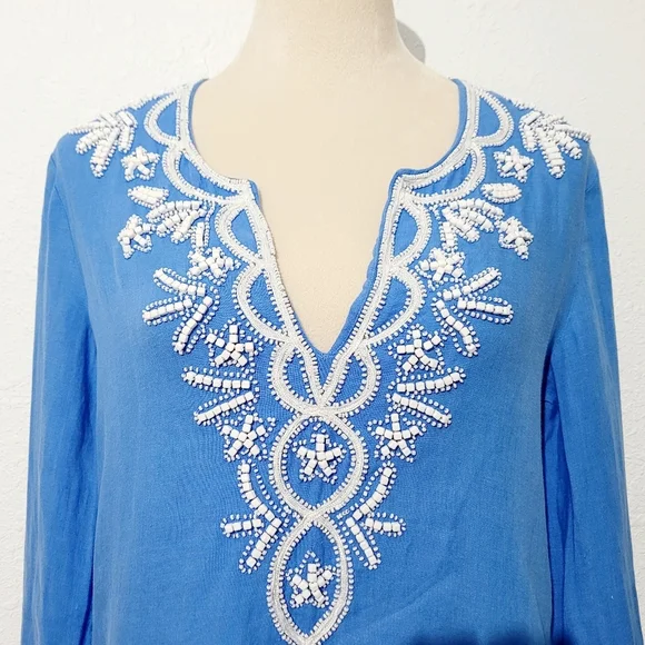 Lilly Pulitzer Linen Tunic Top Blue White Embroidered V-Neck Long Sleeve Size S - Picture 3 of 15